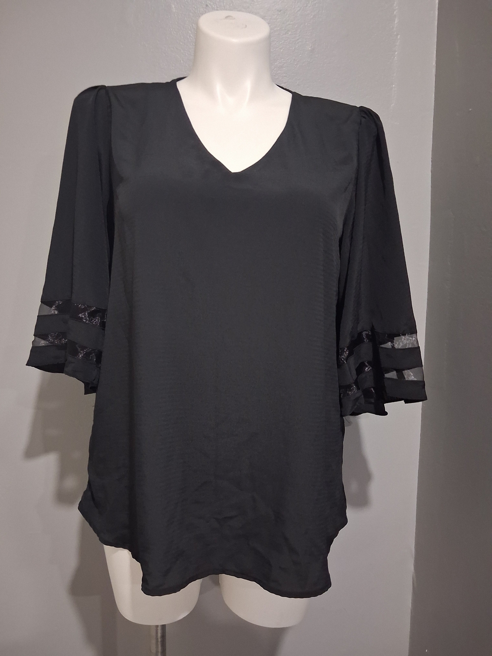 Amaryllis Black V-Neck Blouse with Sheer Stripe Bell Sleeves